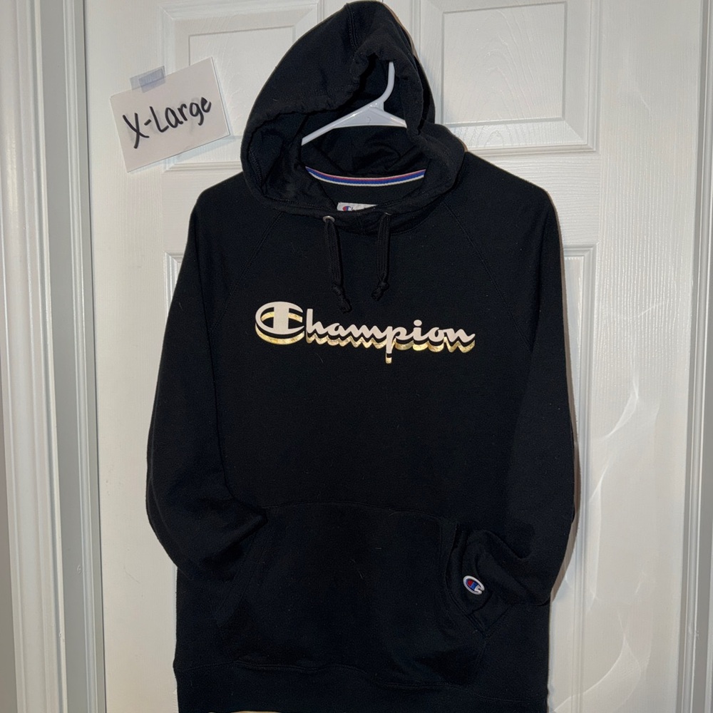Champion Black Hoodie with Gold and White Logo